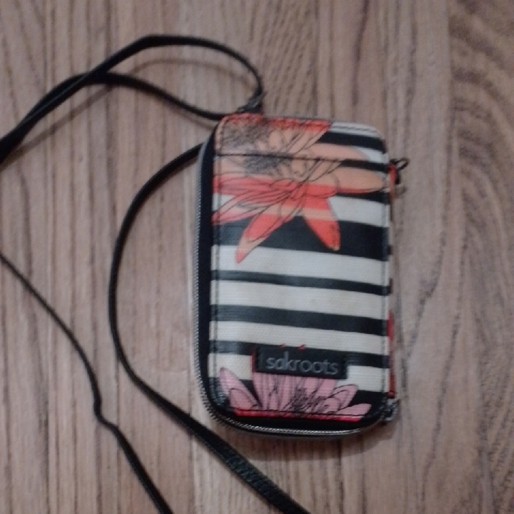 Sakroots Black and White Stripe Crossbody with Orange Floral